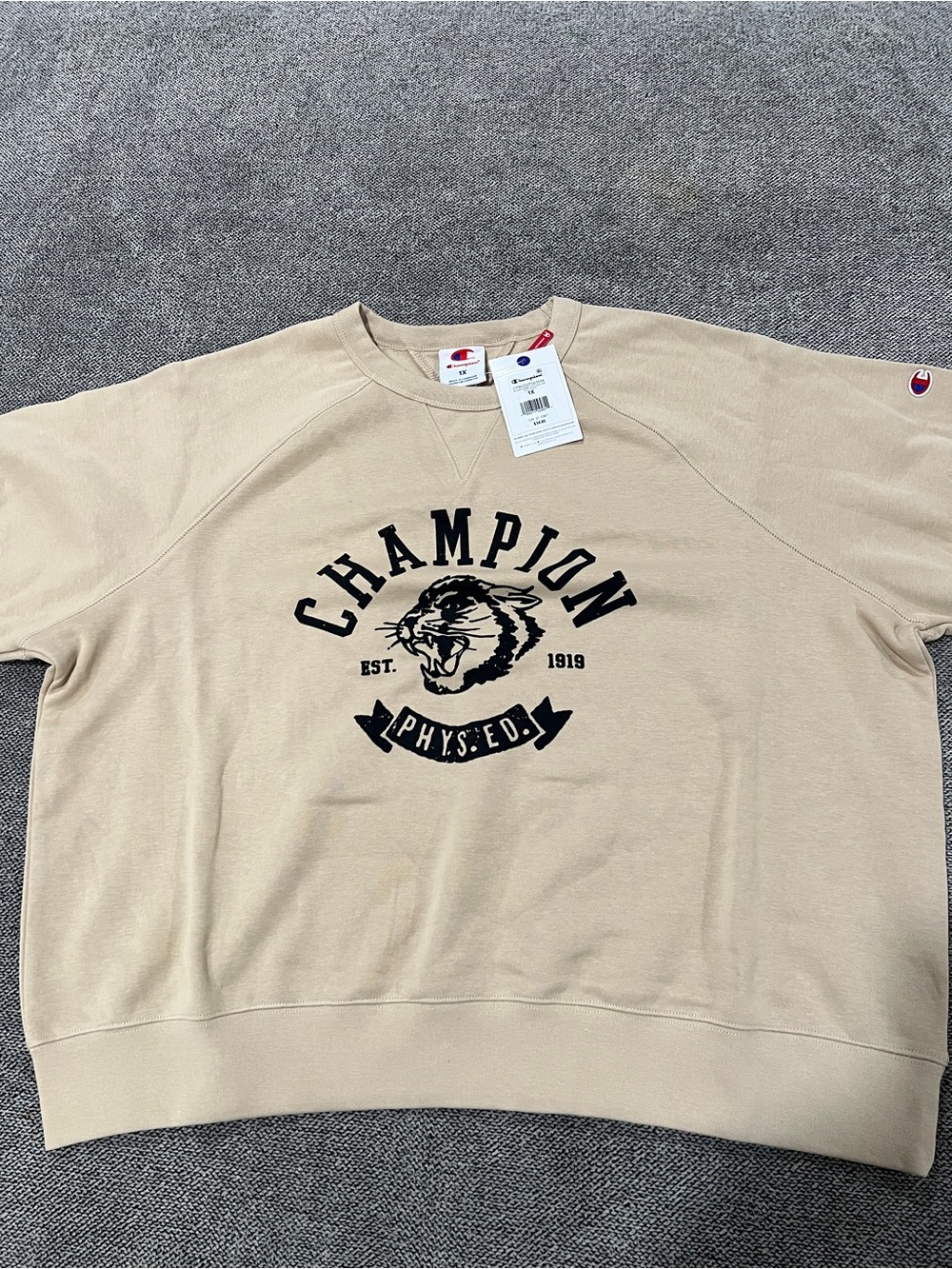 Champion Women’s Beige Crewneck Sweatshirt with Black Graphic